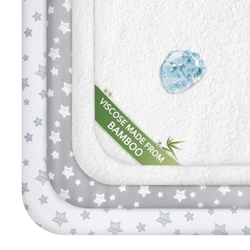 Image of Pack and Play Sheets & Waterproof Terry Pack N Play Mattress Protector Pad Cover 4 Pack, Viscose Terry Pack N Play Sheets Set, Grey & White