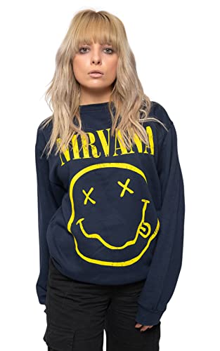 Nirvana Sweatshirt Yellow Smiley Band Logo Official Unisex Navy Blue Size S