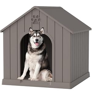 Indoor-Outdoor Large Dog House for Medium to Large Dogs, Durable Plastic Doghouse – Waterproof Design, Air Vents & Elevated Floor, Simple to Clean and Assemble (Classic Grey 1, 36.2”L×38”W×38”H)