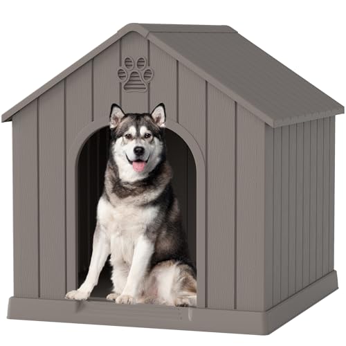 Large Dog House Outdoor Indoor, Durable Plastic Waterproof Doghouse with Air Vents and Elevated Floor, Easy Clean and Assemble for Medium Large Dogs (Classic Grey, 36.2''L×38''W×38''H)