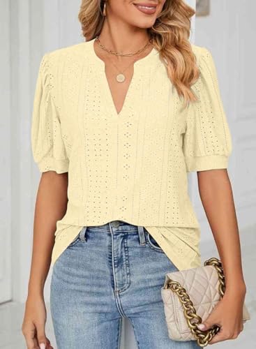 Image of Dokotoo Womens Blouses V Neck Puff Short Sleeve Business Casual Tops