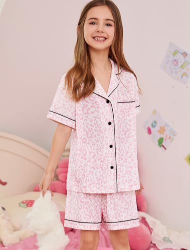 SWOMOG Girls Pajamas Short Sleeve Button Down Sleepwear 2PCS Kids Pajama Set Cute Summer Toddler Pjs Pink Leopard2