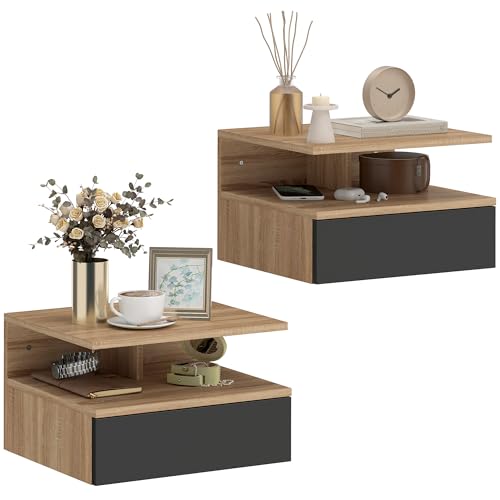 HOMCOM Set di 2 Comodini Camera da Letto Sospesi con Cassetto e Scomparto Aperto, Coppia di Comodini Moderno in Legno, Tavolini per Divano, Soggiorno, Salotto e Camera, 35x32x22.5 cm, Nero e Rovere