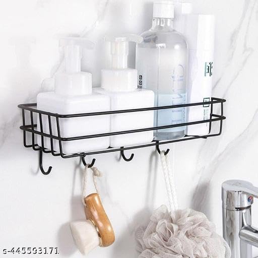 (Pack of 2) Steel Self-Adhesive Multipurpose Bathroom Shelf with Hooks/Towel Holder/Rack/Bathroom Accessories-Wall Mount - Pack of 2 (Black,Powder Coated) 1