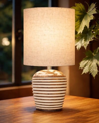 Image of Homesake Wooden Lamp for Living Room | Table Lamp for Bedroom | Bedside Lamp with Fabric Shade | E27 Holder with Bulb Included | Warm Light Night, Study Table & Home Decor (KD Khadi Drum)