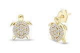 Turtle Stud Earrings for Women – 14K Yellow Gold Over Sterling Silver With Round Sparkling Cubic Zirconia, Push Back Sea Life Jewelry Gift for Her