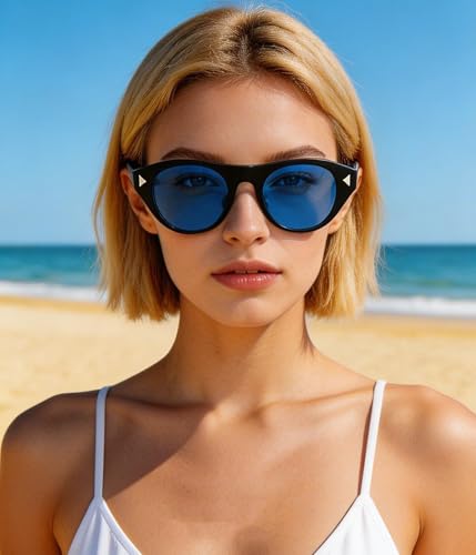 Image of EYLRIM Retro Oval Cat Eye Sunglasses for Women Men Trendy Flat Top Narrow Cateye Shades UV400 Protection