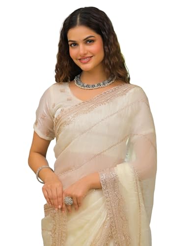Image of SIRIL Women's Shimmer Chiffon Scalloped Border Sequins Embroidery Saree With Unstitched Blouse Piece