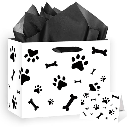EIGHTSTATES White Dog Paw Print Gift Bag - Large Dog Gift Bag with Paw Print Wrapping Tissue Paper & Cards for Dog Themed Parties (Girl/Boy Kids Birthday & Baby Shower Supplies)