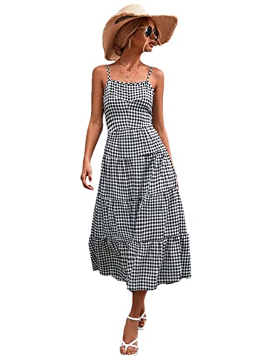 Robe d'été longue à carreaux noir XL avec bretelles spaghetti
