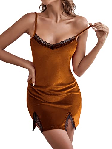 Lyaner Women's Contrast Lace Split Hem Sleeveless Velvet Chemise Nightgown Nightdress Sleepwear Orange X-Large #TOP5