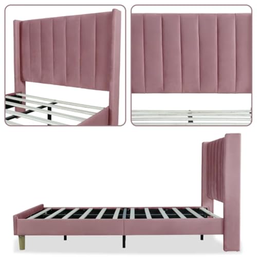Image of Low Profile Upholstered Platform Bed with Winback Headboard | Bed King Size | Bed Without Storage | Upholstered Beds King Size | Mattress not Included | Pink