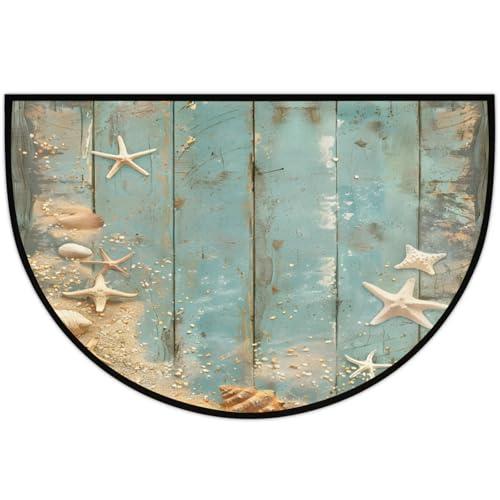 Image of Half Round Doormat Wooden Background Starfish Shells Non Slip Half Circle Area Rugs Indoor Washable Half Moon Rug Semi Circle Bathroom Runner Mat Entrance Floor Carpet for Kithen Bedroom Fireplace