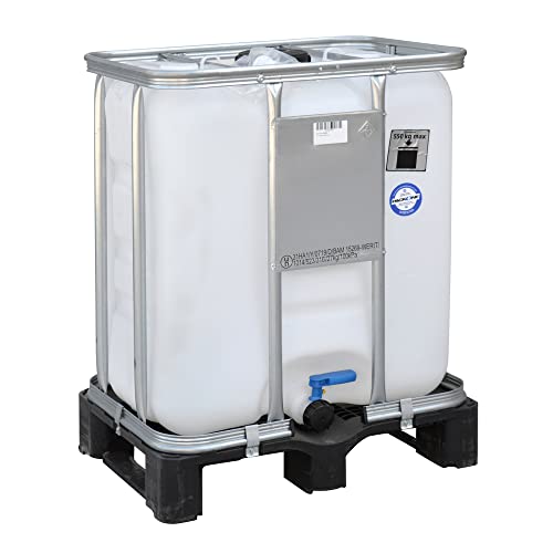 HELGUEFER – Depósito 300 Litros | Contenedor para Líquidos IBC Reforzado Homologado ADR | Polietileno Alta Densidad + Jaula | Palet Metálico | Uso Industrial y Alimentario