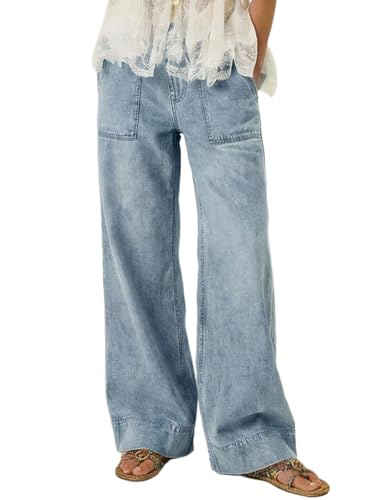 Vidiva Women's Wide Leg Jeans Casual Fashion Clothing Soft Baggy Loose Low Mid Rise Elastic Waist Pull On Denim Pants Boho Trendy Y2k Light Blue X-Large