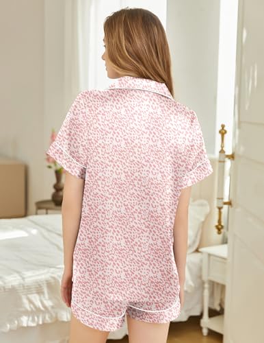 Image of Silk Pajamas for Women Short Sleeve Sleepwear Soft Button Down Loungewear 2 Piece Satin Pjs Shorts Set S-XXL