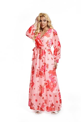 Image of lvenzse Womens Maxi Dress Boho Chiffon Floral Printed Long Party Dresses Plus Size with Belt (FBA)