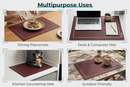 Image of Dribble Premium PU Leather Placemats Set of 4, Double Layer Waterproof Heat Resistant, Non-Slip Easy Clean Dining Table Mats for Kitchen, Dining & Office Desk, Reversible & Smooth Finish-Maroon