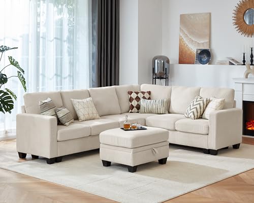 Image of CHIC HOUSE Modular Corner Sectional Sofa with Storage Ottoman, Corduroy L-Shaped Couch, Compact Small Space Furniture for Living Room & Apartment, (Beige, 7 Seater L-Shaped)