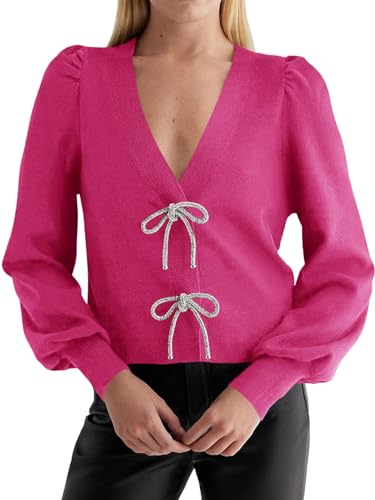 Image of Saodimallsu Womens Bow Button Front Cardigan Sweaters V Neck Cropped Knit Sweater