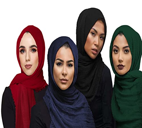 QYMY 4pcs Set Hijab Muslim Head Scarf Solid Color Long Scarf Wrap Scarves Cotton Scarf for Women Fashion L70.7”xW35.4” QY414 (Black+Red+Navy blue+Dark green(4pcs set）),Medium