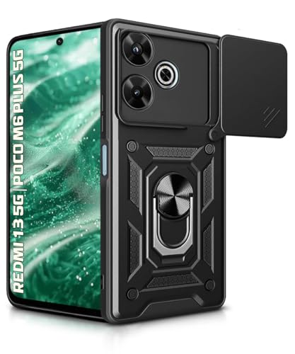 Image of WOW IMAGINE Tough Armor Bumper Mobile Back Case for Mi Redmi 13 5G | Poco M6 Plus 5G | Sliding Camera Shield Cover | Shock Proof 360 Protection | Hybrid PC + TPU | Ring Holder with Kickstand - Black