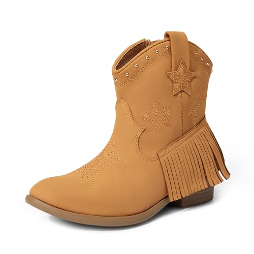 DREAM PAIRS Girls Cowgirl Cowboy Ankle Western Boots Side Zipper Riding Shoes with Tassel Little Kid/Big Kid 11 Little Kid Camel-suede