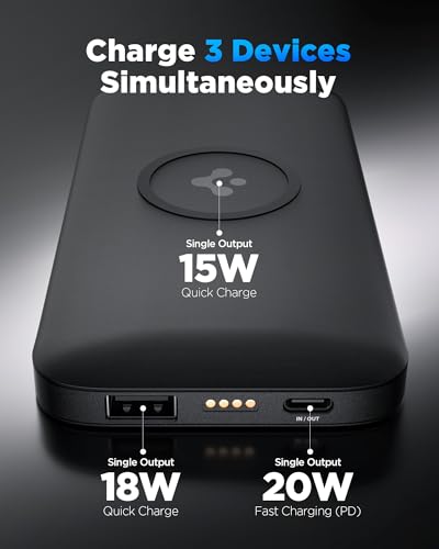 Image of Spigen 2-in-1 10000mAh Wireless Charging Power Bank, Total 25W Fast Charging Compatible with Charging Dock, Anti-Slip Ring (Non-MAGSAFE), Included Type-C to C Cable (Pogo Pin Ver.) - Black
