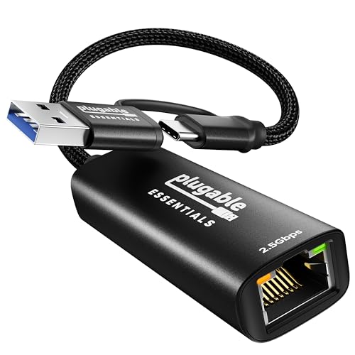 Plugable 2.5Gbps USB C to Ethernet Adapter 2-in-1 USB-A & USB-C Ethernet Adapter for laptop |Aluminum Braided 2.5Gbps High Speed| Compatible for Thunderbolt 4/3 MacBook Air/Pro iPad Windows XPS