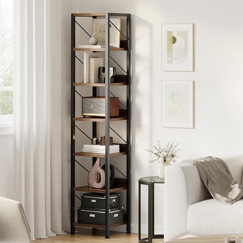IDEALHOUSE Narrow Bookshelf Tall Skinny Bookcase 6 Tier Storage Rack Rustic Corner Shelf Metal Frame Small Freestanding Bookshelves Industrial Display Stand for Bedroom, Living Room, Home Office