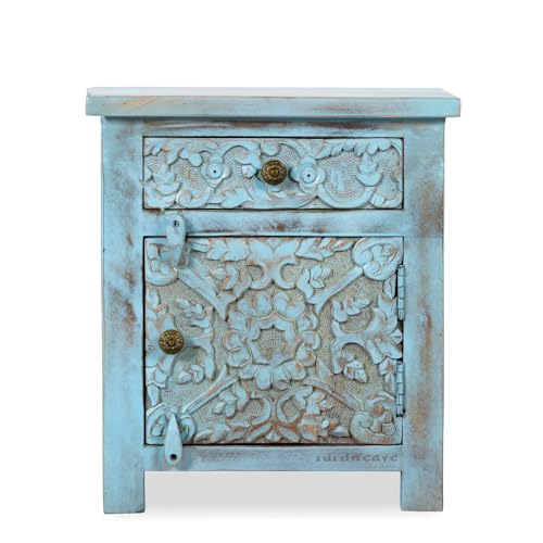 Image of Wooden Bedside Table for Bedroom with Drawers | Solid Wood Handcrafted Bed Side Table with Drawers | Side Table for Living Room | Traditional Rajasthani Art (Blue Distress)
