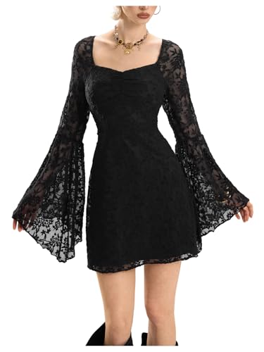 Image of WDIRARA Women's Floral Jacquard Mesh Gothic Dress Bell Long Sleeve A Line Vintage Dresses | Mesh fabric, A-line, vintage