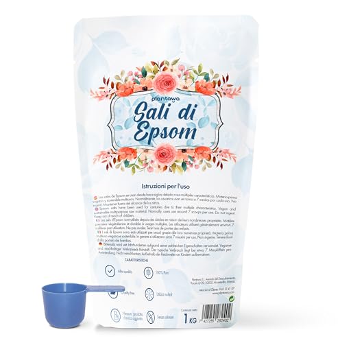 PLANTAWA Sale di Epsom 1kg | Sali da Bagno Rilassanti con Solfato di Magnesio Puro | Relax Muscolare, Cura della Pelle e Benessere Naturale | Bagno Rilassante e Schiumoso | Senza Tossine e Additivi