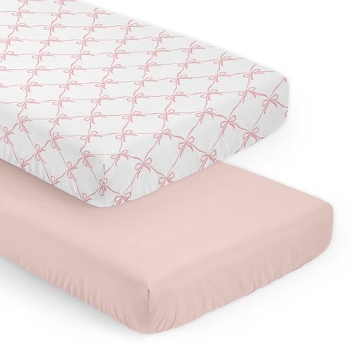 Image of Sweet Jojo Designs 2-Piece Baby Crib Sheets Set (Pink Bows) for Girls, Infant Nursery, Toddler Room - Fitted, Standard Size (Blush and White Bow for The Ballerina, Ballet Dancer, Princess Collection)
