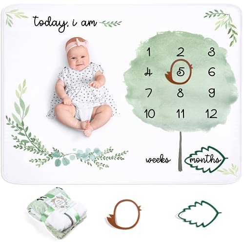 Image of two little dinos Baby Monthly Milestone Blanket for Boy or Girl - Unisex Gender Neutral Age Blanket Growth Chart by Weeks or Months with Markers - Newborn Milestone Photography - First Year 0 to 12