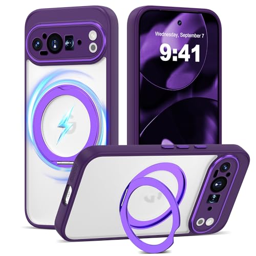 AmoraAqua Compatible with Google Pixel 9 Pro XL Case with 360° Magnetic Ring Stand [Compatible with Mag-Safe ] Shockproof Translucent Phone Case for Google Pixel 9 Pro XL 6.8 inches,Purple