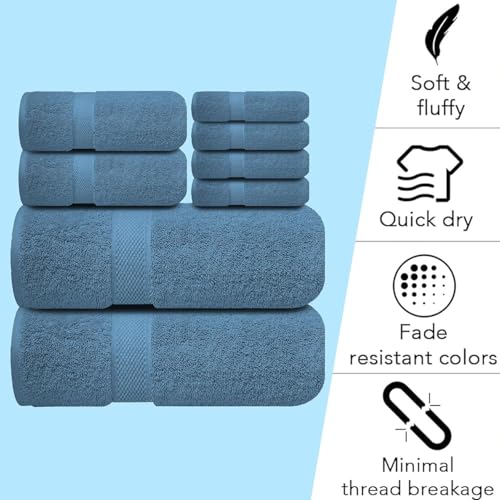 Image of Sulfar 100% Combed Cotton, 8 Pcs Towel Set - 2 Bath Towels (70 x 140 cm), 2 Hand Towels (40 x 70 cm) and 4 Face Towel (30 x 30 cm) (600 GSM, Pack of 8) Dark Blue
