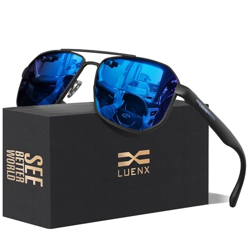 Image of LUENX Aviator Sunglasses for Men Square Polarized Polygon Lens - UV 400 Protection with Accessories