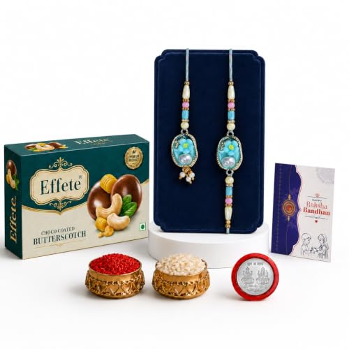Image of DeoDap Rakhi with Chocolate for Bhai & Bhabhi - Stylish Rakhi for Bhai & Lumba for Bhabhi with Butter Scotch Chocolate, Silver Color Coin, Tilak Set & Greeting Card, Raksha Bandhan Combo Pack (K1 X5 BS32)