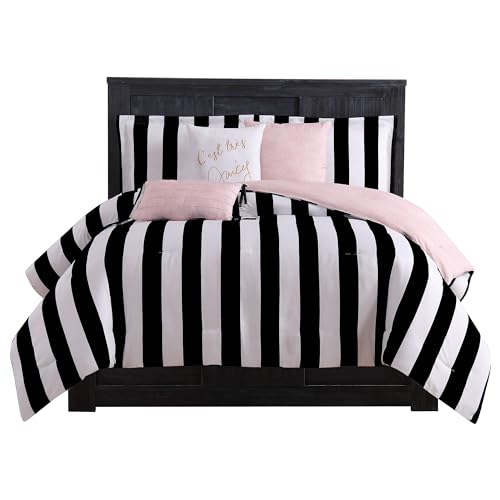 Image of Juicy Couture - Comforter Set, Cabana Stripe Design, Twin Bedding, 5 Piece Set Includes 1 Comforter, 1 Sham and 3 Decorative Pillows, 100% Microfiber Polyester, Wrinkle Resistant