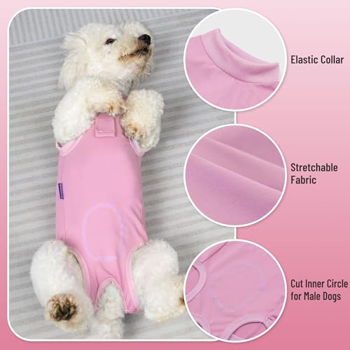 Image of cyeollo Dog Surgery Recovery Suit Soft Breathable Female Male Pet Bodysuit for Spay, Neuter, Surgical Recovery Shirt for Small Medium Large Dogs, Pink, L