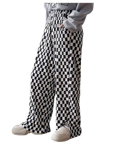 OYOANGLE Women's Plaid Print Elastic High Waisted Wide Leg Long Pants Y2k Baggy Trousers with Pockets
