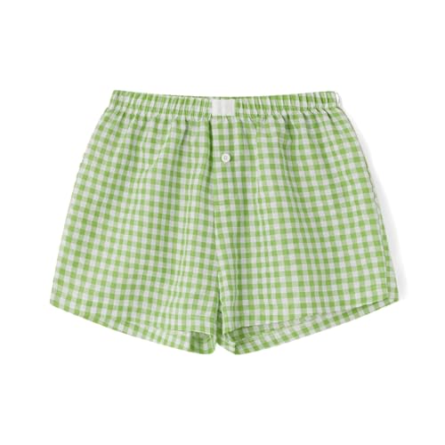 Image of Sumleno Womens Y2k Aesthetic Boxer Shorts Plaid Elastic Waist Lounge Pj Bottoms Summer Casual Gingham Pajamas Shorts
