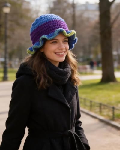Image of Women Crochet Bucket Hat Cute Winter Ruffled Brim Floppy Cap Handmade Knit Cloche Hats