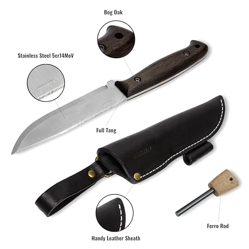 BPSKNIVES Nighthawk Adventurer - Camping Knife - Fixed-Blade Stainless Steel Survival Knife - Black Leather Sheath and Firestarter - Outdoor Full Tang Knives - Bushcraft Knives