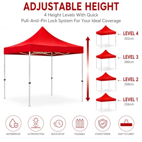 Image of Gazebo Tent Portable Popup Foldable Canopy 10x10 Ft Shelter for Event, Advertisement, Promotion, Exhibition, Market Stall, Waterproof Outdoor Gazebo Tent, Heavy Duty Frame (Red, 10 x 10 Ft)