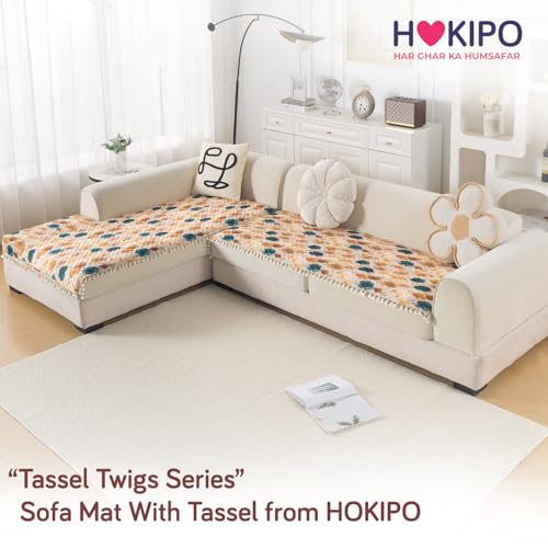Image of HOKIPO Boho Wildflower L Shape (2+2 Seater) Sofa Seat Mat with Tassel| Quilted Sofa Cover Mat, 'Tassel Twigs' Series (IN-983-T11 + IN-984-T11)