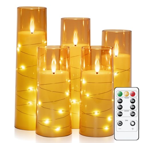 Image of Raycare Flameless Candle with Remote Timer - 5 Flickering Acrylic Battery Operated LED Pillar Candles with Embedded Star String for Christmas, Home Decor, and as a Gift(Glod)