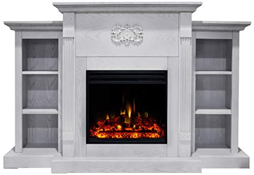 Hanover Classic 72'' Electric Fireplace Mantel TV Stand with Deep Log Display and Realistic Multi-Color Flames, Modern Electric Fireplace with Mantel for Home with Built-In Bookshelves and Remote