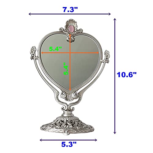 Sehamano Vintage Heart Shaped Vanity Mirror With Embossed Feather/Antique & Luxury Decorative Table Top Retro Mirror With Mounted Bead For Bedroom, Living Room And Room Decor (Tin (Matt Silver)) #TOP1